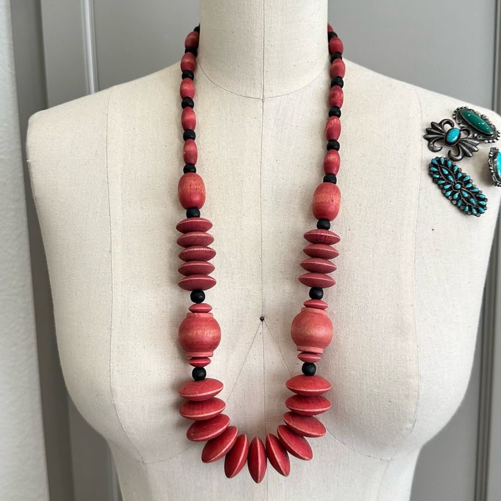 Chic Red Geometric Wood Beaded Statement Necklace